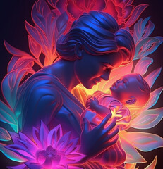 Mother and daughter 3d illustration with colorful neon glowing floral decoration, mother's day background, generative ai