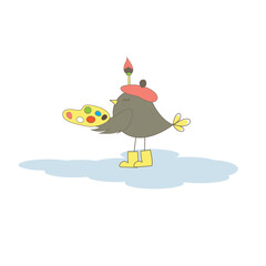 Romantic card with artist bird and paint. Vector illustration