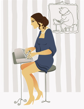 old fashioned drawing typist romantic young woman