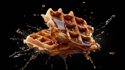 waffle flying crush on a black background. Generative AI - obrazy, fototapety, plakaty