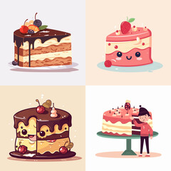 set of cake, set of colorful sweet birthday cakes decorated with chocolate cream and fruits