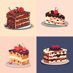 cake with cherries, set of colorful sweet birthday cakes decorated with chocolate cream and fruits