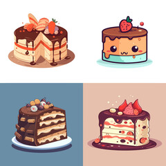 set of cakes, set of colorful sweet birthday cakes decorated with chocolate cream and fruits