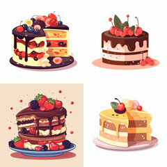 set of cake and sweets, set of colorful sweet birthday cakes decorated with chocolate cream and fruits