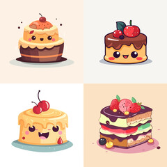 cake set, set of colorful sweet birthday cakes decorated with chocolate cream and fruits