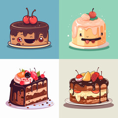 chocolate cake with cherry, set of colorful sweet birthday cakes decorated with chocolate cream and fruits