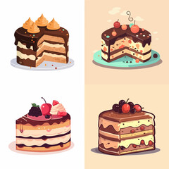 cake with cherries, set of colorful sweet birthday cakes decorated with chocolate cream and fruits