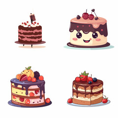 set of cakes and sweets, set of colorful sweet birthday cakes decorated with chocolate cream and fruits