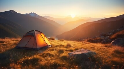 Camping in the mountains at sunrise. The tent stands on the grass, Generative AI