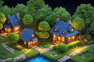 Obraz na płótnie Canvas A Charming and Quaint Cottage in the Fantasy Forest: A 3D Blender Render of a Tiny and Cute Isometric House with Intricate Decorations and Soft Colors, Fantasy Art by Generative AI 33