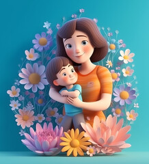Mother and daughter 3d illustration with colorful floral decoration, mother's day background, generative ai