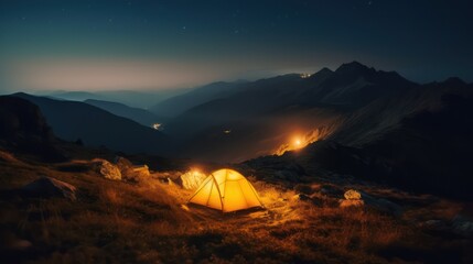 Fototapeta na wymiar Tourist tent in the mountains at night, Generative AI