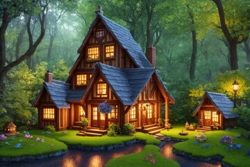 Obraz na płótnie Canvas A Charming and Quaint Cottage in the Fantasy Forest: A 3D Blender Render of a Tiny and Cute Isometric House with Intricate Decorations and Soft Colors, Fantasy Art by Generative AI 17