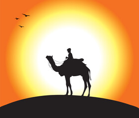 Fototapeta na wymiar A camel and a man at sunset. Editable vector illustration.