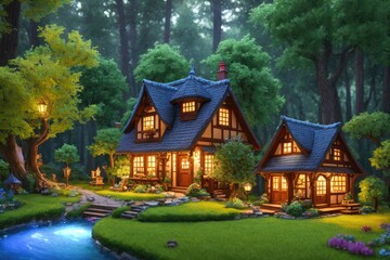 Obraz na płótnie Canvas 3D Blender Render of a Tiny and Cute Isometric Cottage with a Stone Path and a Fence, Hidden in a Magical and Peaceful Forest with Soft Smooth Lighting and Soft Colors, Fantasy Art by Generative AI 10