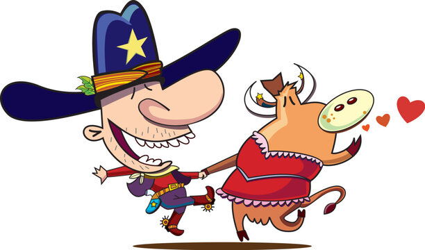 Cowboy and cartoon cow dancing together