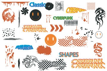 Retro futuristic, rave trip elements set. Acid geometric shapes style. Psycho, street, vaporwave 80s, 90s elements. Y2k symbols Translation of Japanese inscriptions - cyberpunk, paradise