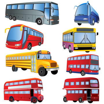 Vector illustration of 8 different bus types isolated on white background.