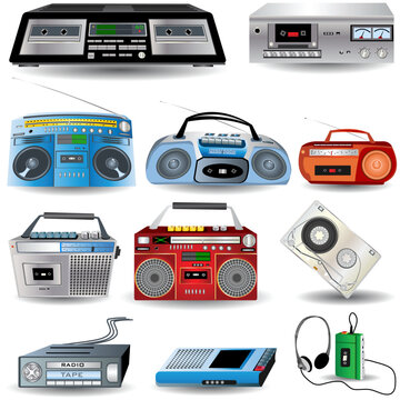 Vector Illustration of ten cassette player icons and a cassette realistic icon