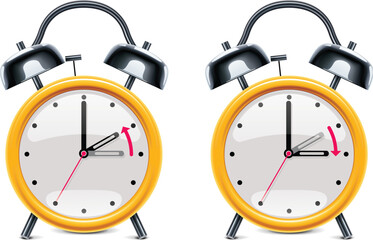 Two alarm clocks with arrows showing hour forward and backward
