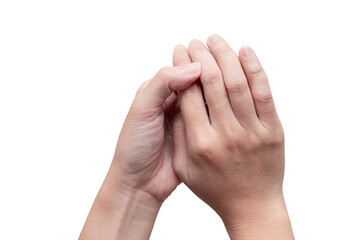 Woman hands holding isolated on white background. Healthcare problem. Pain and infection.