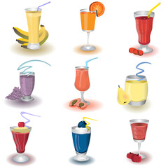 Set of nine different fruit shake icons, vector illustration