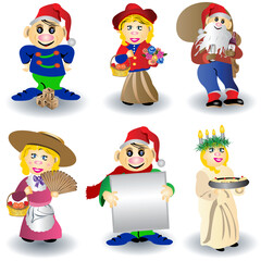 Vector illustration of nine different colored dwarfs in different situations.