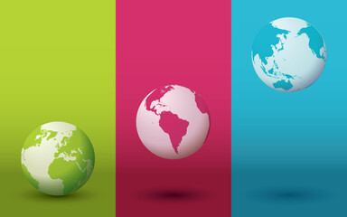 Three colorful globes with gradient backgrounds and shadows. Editable vector illustration.