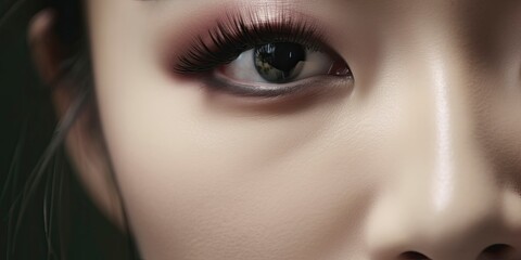 Beautiful asian woman eye with long eyelashes. Female eye with natural make-up. Macro and close-up creative make-up theme