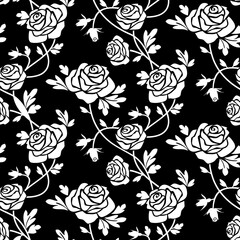 Romantic white roses on black background, vector seamless pattern, repeating design.