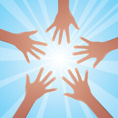 Hands together catch the sun. Vector illustration.