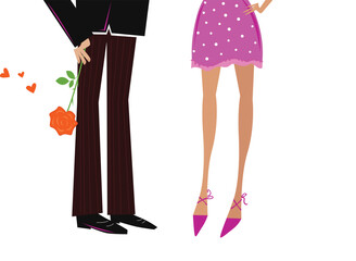 Man and woman in retro style on a date. Man giving woman present - red rose. Vector Illustration.