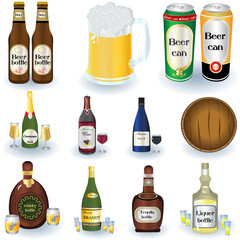 Vector illustrated set of different alcohol beverages with a barrel and bottles.