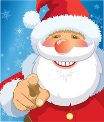 Smiling Santa Claus pointing at you, snowflakes in the background.