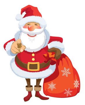 Smiling Santa Claus pointing at you, white background.