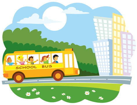 School bus with a group of school pupils going to the town