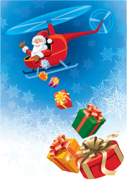 Happy Santa Claus flying in helicopter with christmas gifts.