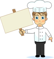vector illustration of a cute boy chef holding a wooden blank sign. No gradient.