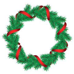 Fototapeta na wymiar Christmas pine garland decorated with red and golden ribbons. Vector.