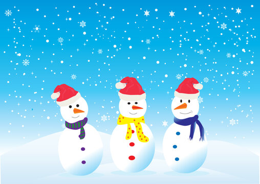 vector illustration of three funny snowmen in santa hats