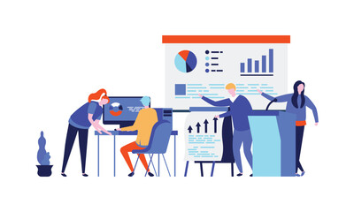 Report business meeting with people and infographic. Vector meeting with business people, illustration of office team work