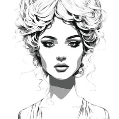 Black and white portrait of a girl, simple vector drawing