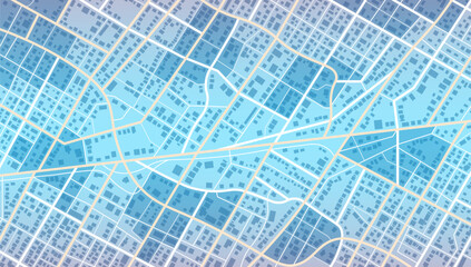 Blue city area, background map, streets. Skyline urban panorama. Cartography illustration. Widescreen proportion, digital flat design streetmap. © Vadym