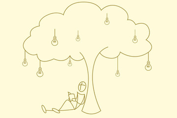 illustration of student reading book under bulb tree