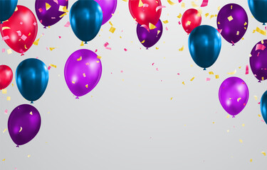 Illustration of balloons and confetti on black background with space for text