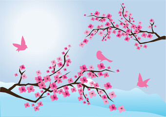 vector illustration of cherry blossom with birds and mountains at the background