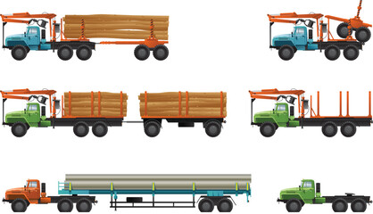 Vector color illustration of  trucks. (pipe truck, short log truck, timber lorry)   (Simple gradients only - no gradient mesh.)