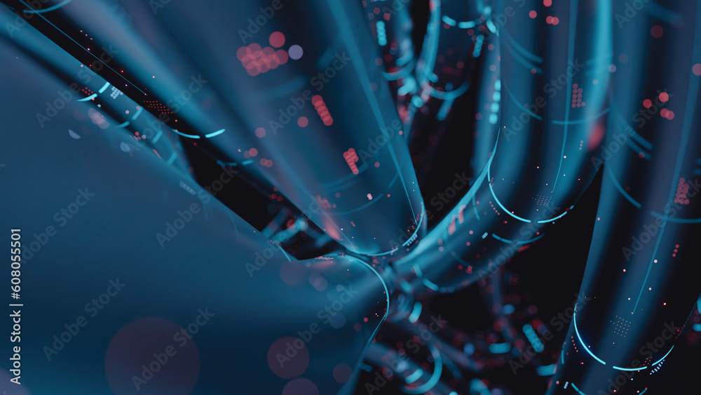 Poster 3d rendering of abstract glass tube, wire cable with digital binary data transmitting. inside ai con