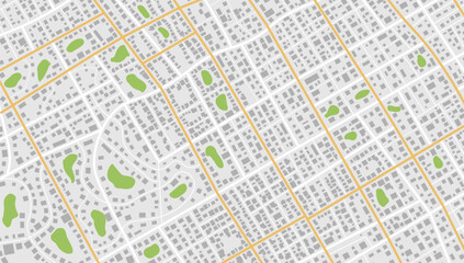 Plan with road and buildings. Abstract city maps background. Top view, view from above. Fictional district plan. Quarter residential buildings. Vector, illustration, background.