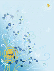 Abstract flowers and butterflies on a blue background